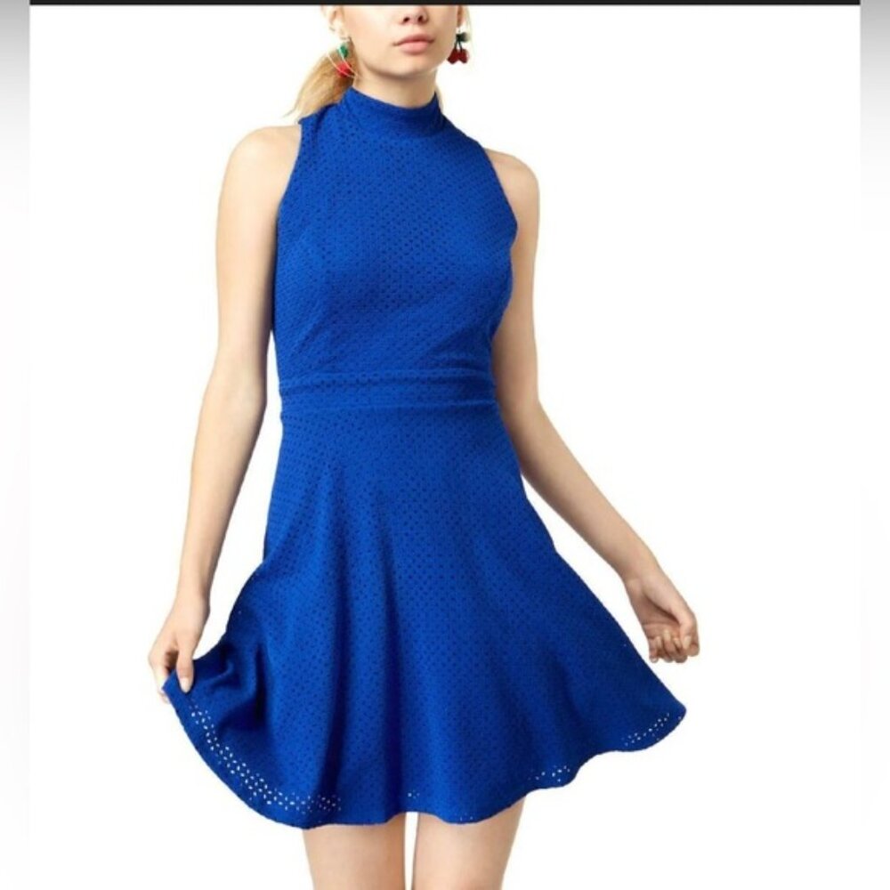 Emerald Sundae Vibrant Blue Textured Mock-Neck Fit & Flare Dress